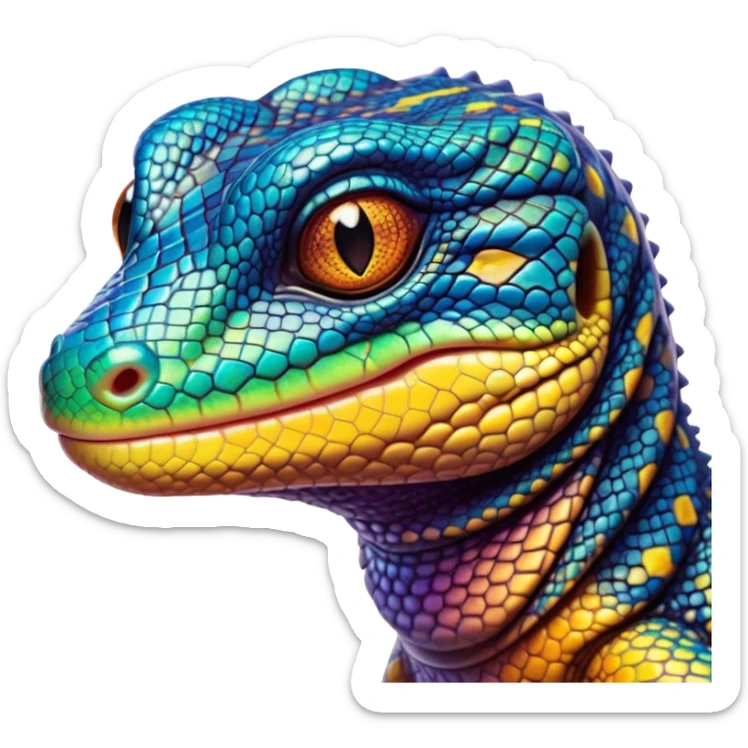 Cinematic Cute Monitor Lizard Portrait Emoji, Head tilted playfully and inquisitively, with a sleek, patterned body accented by vibrant hues and round, sparkling eyes full of wonder, Simplified yet irresistibly adorable features, highly detailed, glowing with a warm, friendly glow, high shine, affectionate and lively, stylized with a touch of exotic charm, bright and endearing, soft glowing outline, capturing the essence of a mischievous yet captivating lizard that seems as if it could scuttle out of the screen into your arms! sticker