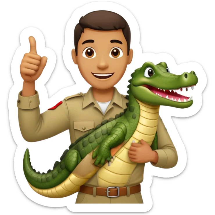 Cinematic Realistic Steve Irwin Portrait Emoji, in his signature khaki attire, holding a crocodile or giving an excited thumbs-up. The scene is lit with vibrant, natural sunlight, emphasizing his adventurous spirit and deep connection to nature. sticker
