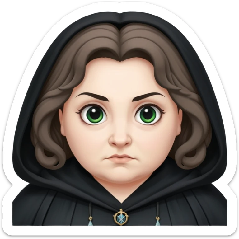 Alecto Carrow in harry potter, a woman fat, knot tied hair, look evil, black cloak sticker