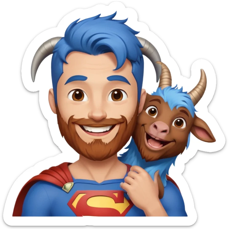 Adult Superman with redish brownish hair and full beard with his arm around a blue hair laughing goat sticker