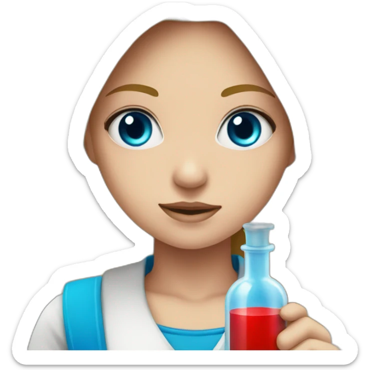 Girl with blond hair and blue eye take red vial sticker