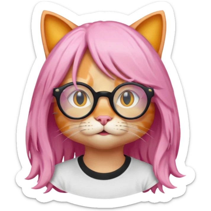 Orange Yellow cat wearing a long pink hair wig, black circle glasses, white T-shirt sticker