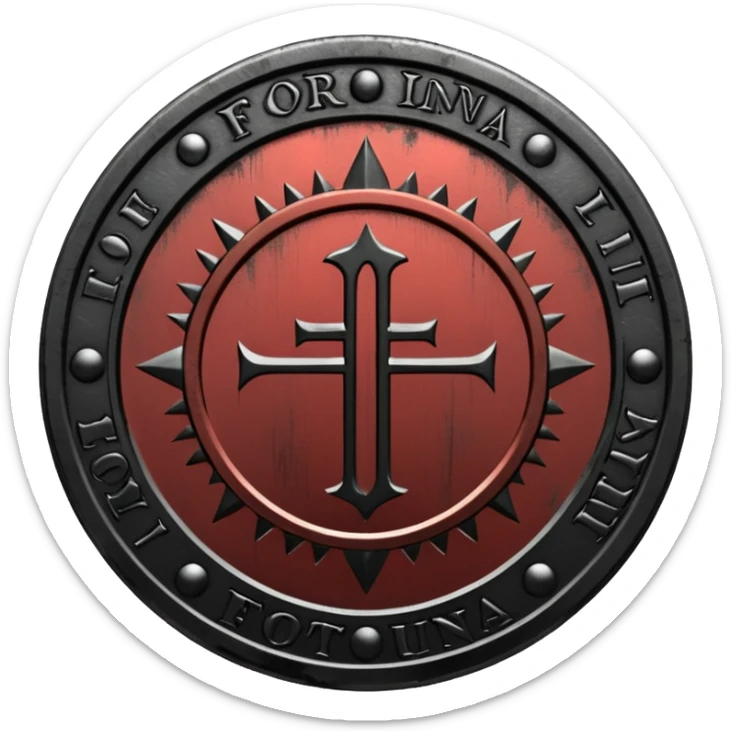 Minimal emoji, gothic metal coin made of black steel, engraved word FORTUNA at the center, ancient industrial aesthetic, worn metal texture, no glow, no neon, flat emoji design, centered, transparent background sticker