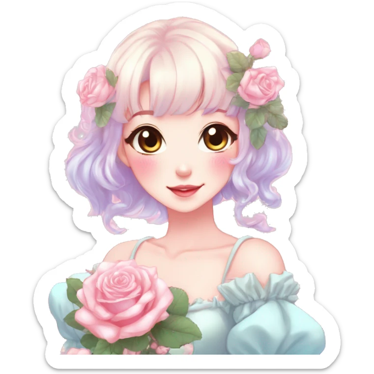 Gorgeous pastel anime style lady with blushing face and roses cottagecore fairycore pastelcore shiny colorful pearly petite aesthetic trending style sticker
