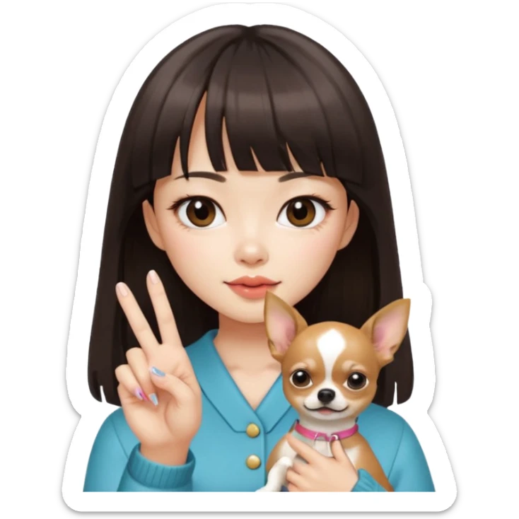 a pretty Asian girl, with hair bangs, pale skin, with manicure holding a chihuahua in her, showing her middle finger sticker