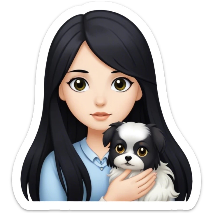 A white yorkshire being held by a girl with long black hair and black eyes. sticker