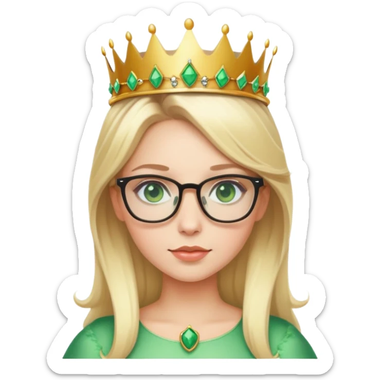 beautiful princess with blonde hair, striking green eyes, wearing glasses and a crown sticker