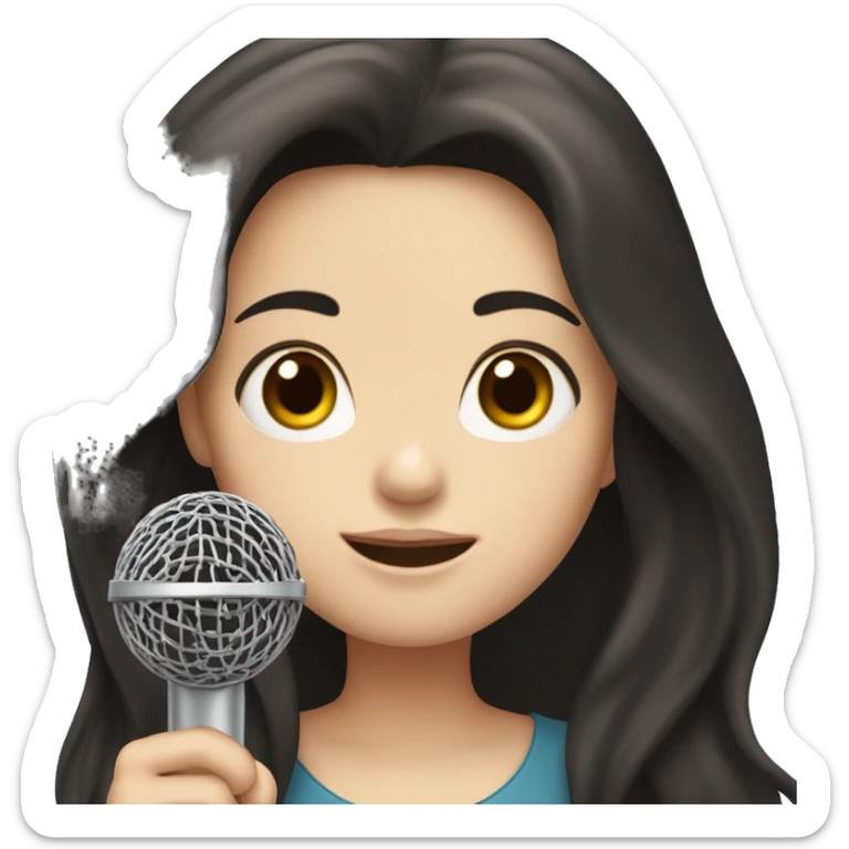 a girl with long black-brown hair, hazel eyes, pale skin, singing into a microphone sticker