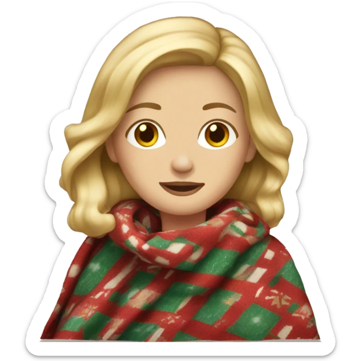 white female, long dirty blonde hair, wearing a patterned christmas blanket sticker