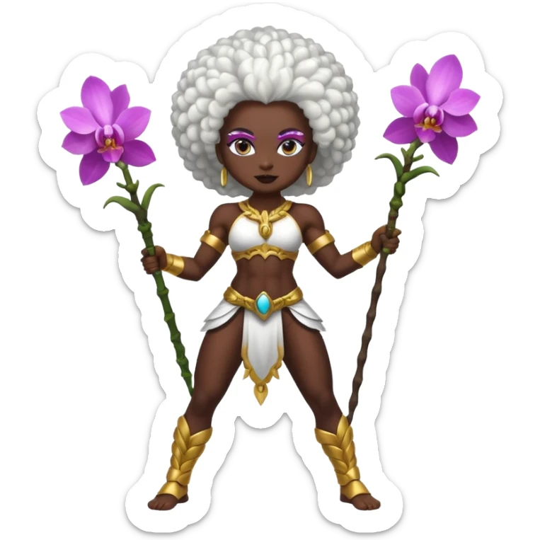 full body dark skin woman white hair afro muscular build orchid warrior spirit sticker