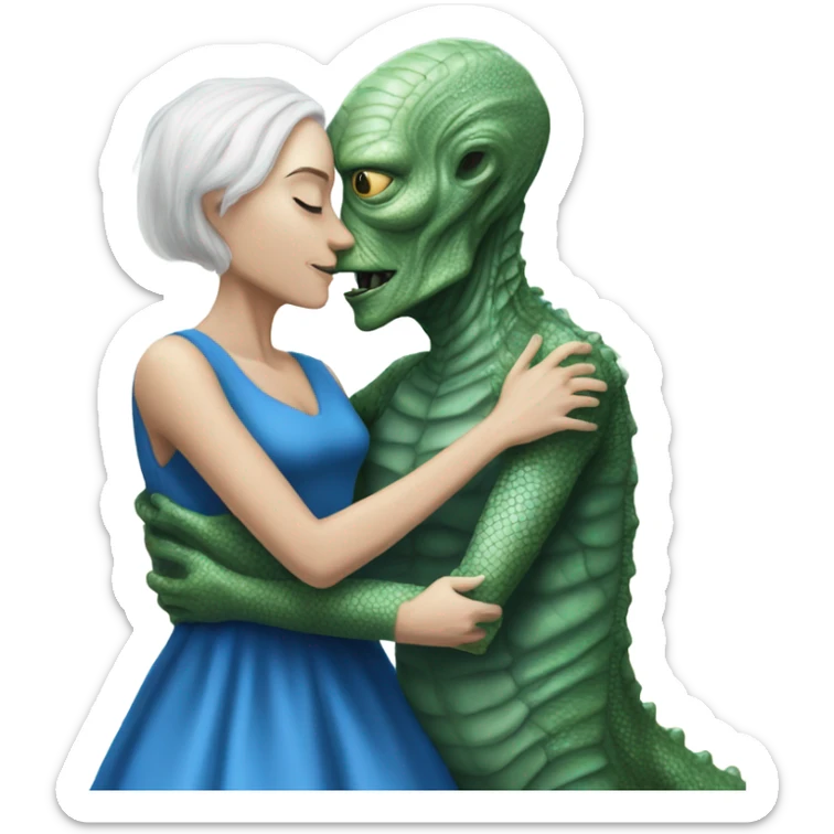 White man in blue dress  hugs and kissing Alien reptilian woman in silver dress  sticker