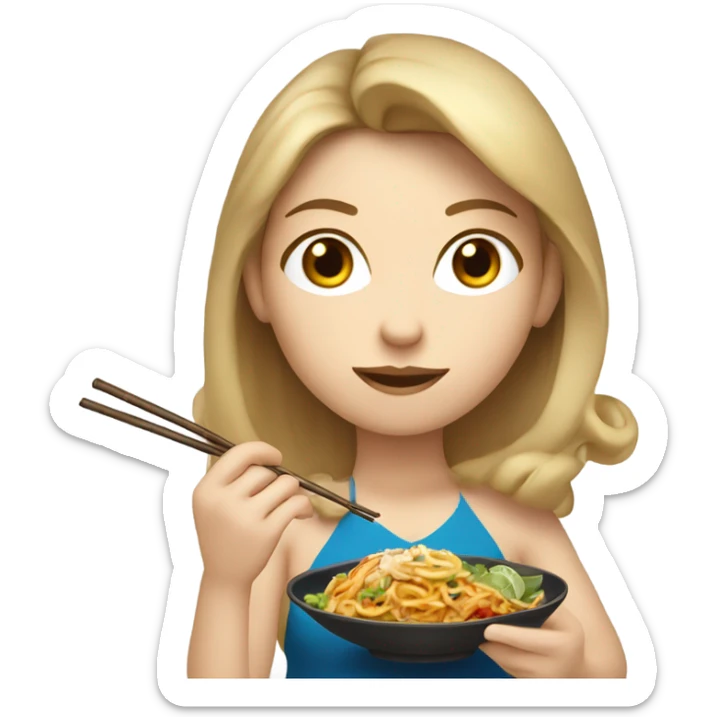 Dark blonde haired girl, mid 30s, super mom, eating Thai Food with chopsticks  sticker