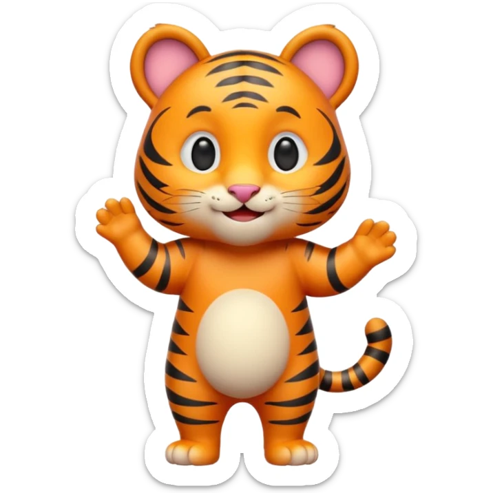 Cute tiger emoji, full body, standing pose, smiling face, big round eyes, orange fur with black stripes, chubby and adorable, short legs, small ears, 3D emoji style, smooth shading, bright colors, simple clean design, transparent background sticker
