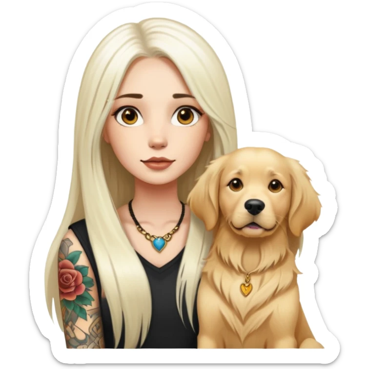 girl with long white  straight hair and tattoos and two Golden Retriever sticker
