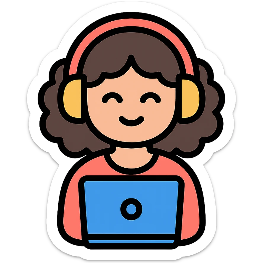curly hair girl with headphones and a laptop, color outline icon sticker
