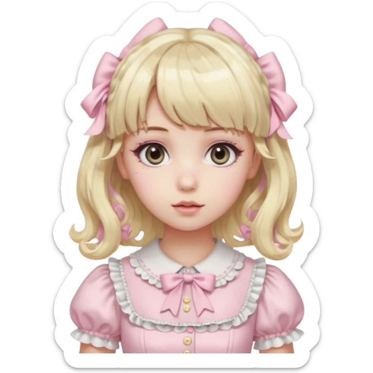 pale girl , who has curly medium length blonde and baby pink swirled hair with bangs , grey eyes , and doll like makeup , in a light pink lolita hime gyaru dress emoji | AI Emoji Generator black hair sticker