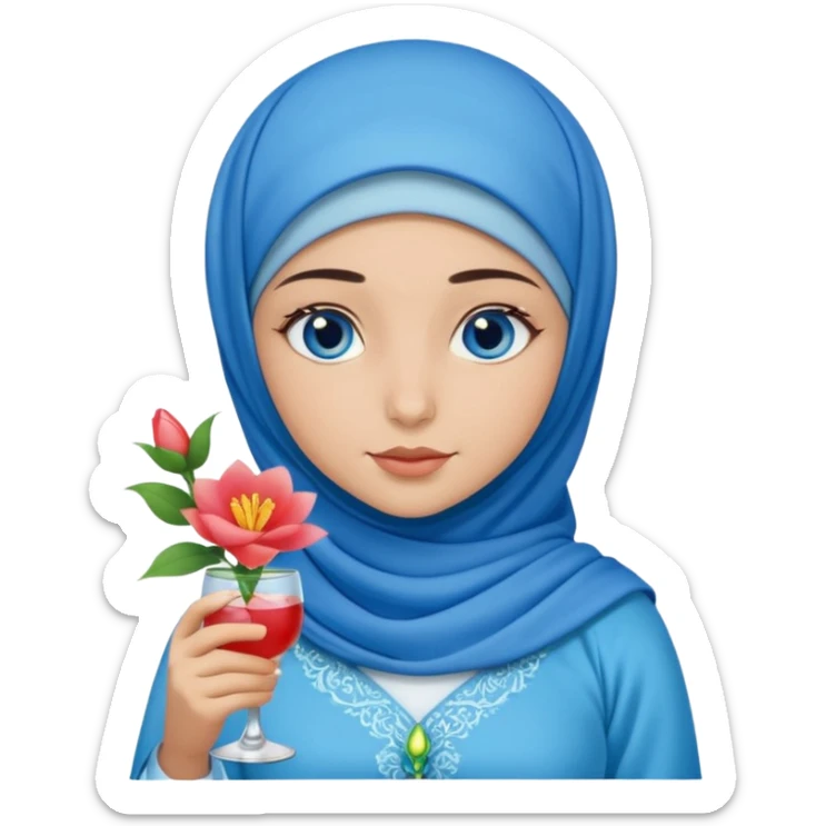 Turkish beautiful finish Konya girl blue eyes with blue hijab islamic dress and had on her hand flower mocktail sticker