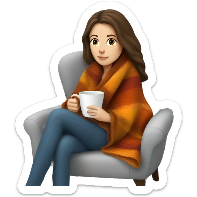 Brunette white girl covered in blanket autumn vibe sitting on a cozy chair holding coffee sticker