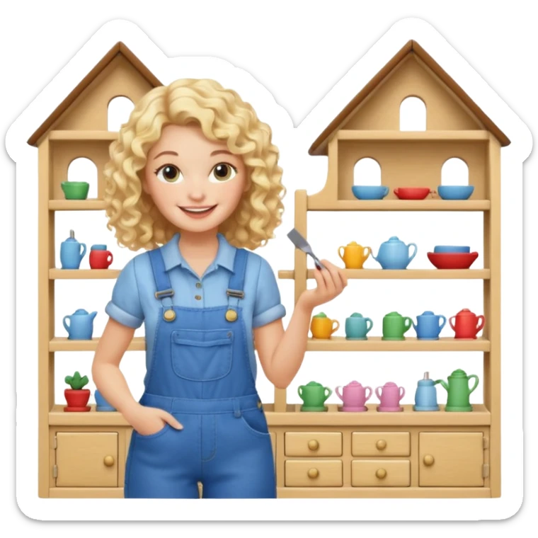 smiling blonde curly woman arranging furniture in doll house with overalls sticker