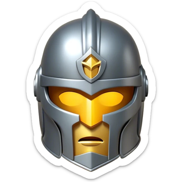 Clash of Clans aesthetic: Cinematic heroic Steel full face Helm Emoji, rendered in a 3D vector-style similar to standard emojis with minimal shading and bold, simplified shapes. A compact, isometric helmet crafted of shining steel with intricate engravings and a protective visor, softly glowing with a noble warrior charm. Simplified yet unmistakably iconic, highly detailed and consistent, glowing with a soft radiant gleam and high polish. Stylized with a touch of chivalric tradition and a soft glowing outline, capturing the essence of a stalwart battle helm with a friendly, playful manner! sticker