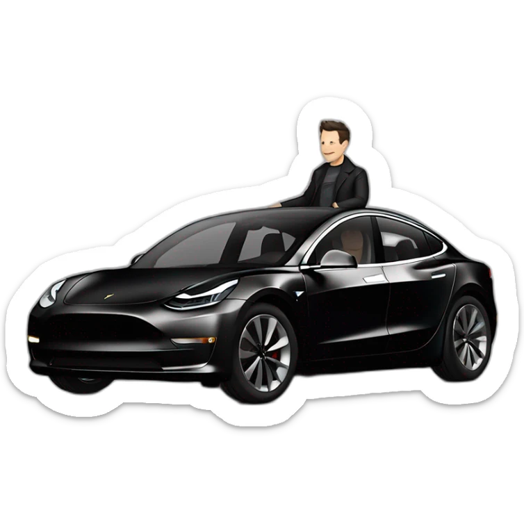small Nikola Tesla and Elon Musk riding an all black Tesla Model 3, smilling, side view sticker