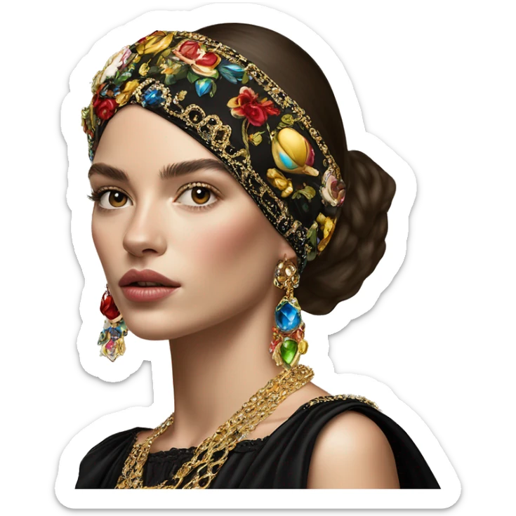 Dolce and Gabbana Italian model in dark dress and headband with colourful ornament and golden detais  sticker