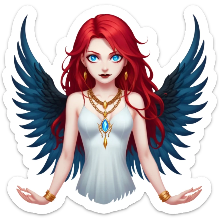 half body portrait of an extremely diabolical girl with massive towering wings, very long flowing blood red hair, glowing blue eyes, black hellfire aura, no horns, evil grin, gold necklace sticker