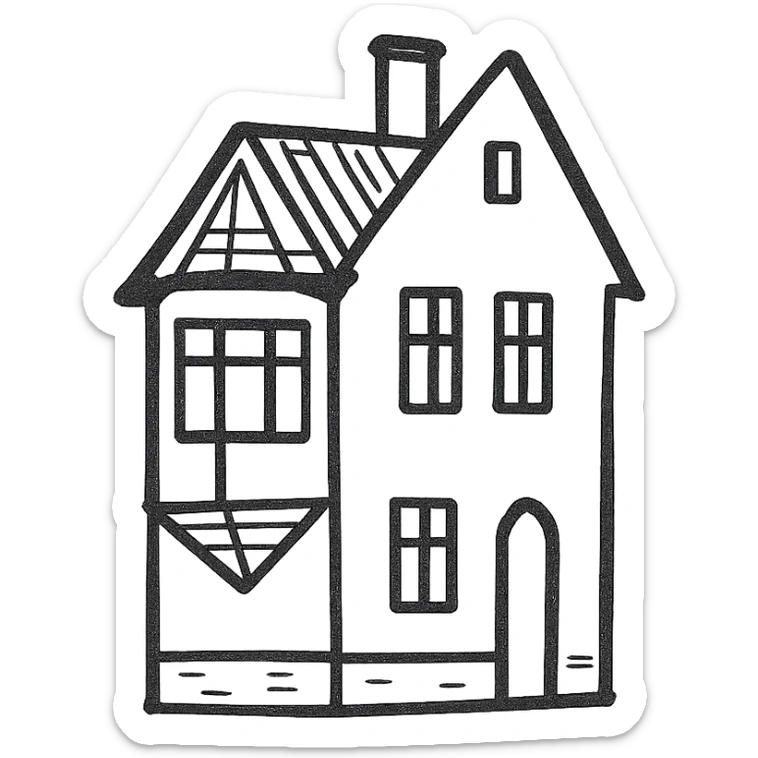 Icon of a house in Kaliningrad, hand drawn, black outlines, no fill, simple and clean, side view sticker