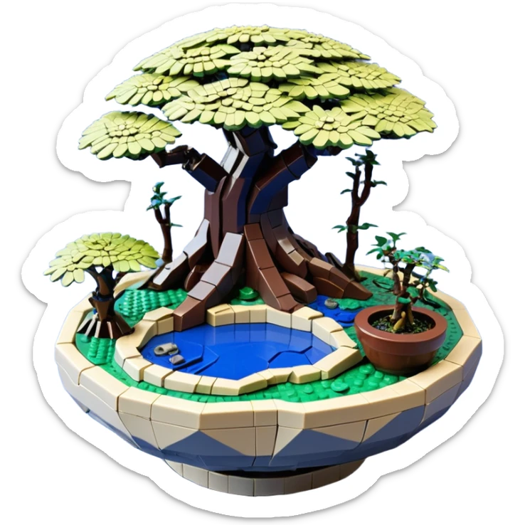 Alien Lego saucer jungle-vines mountain-island landscape antique mudman very old broken cracked intricate Stone Age rocky-crusted irregular dodecagon-shaped shallow dark moss rough bark blue willow flowered maple tree bonsai pot sticker