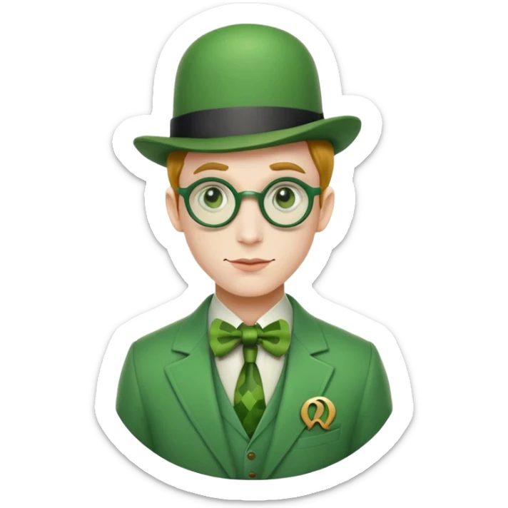 The Riddler villain from Batman with green suit, question mark symbols, bowler hat sticker