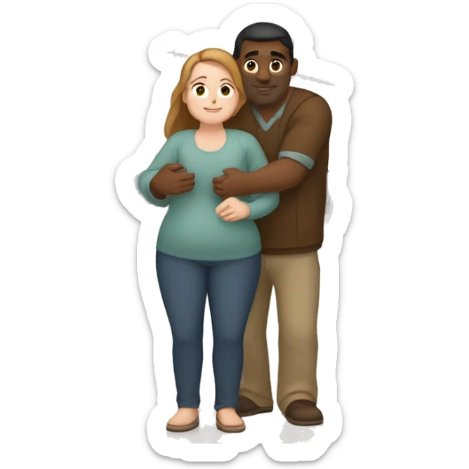 Slightly chubby white woman with brown hair hugs skinny Indian man with light brown skin at the airport  sticker