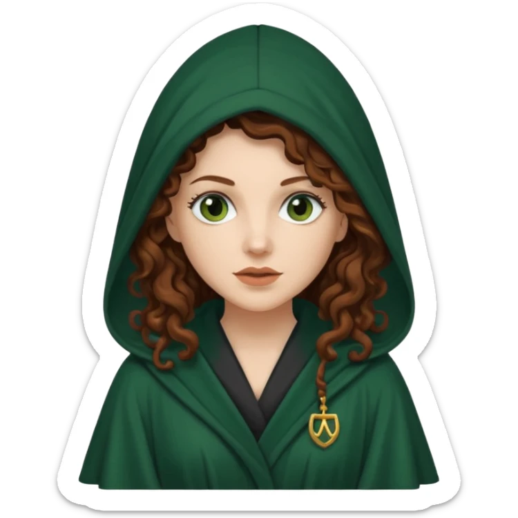 A white woman with long dark auburn hair robed and hooded like she's a Traitor in the tv show The Traitors. her hair is curly and the robe is a dark dark green sticker