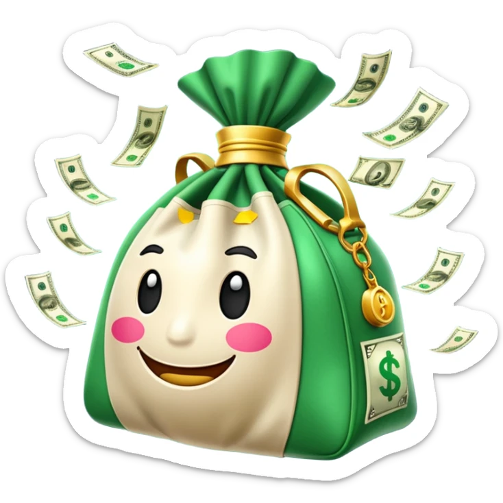 

3D emoji style, big bag of money, flying dollar bills, rich casino vibe, smooth lighting, high detail, clean edges, transparent background



 sticker