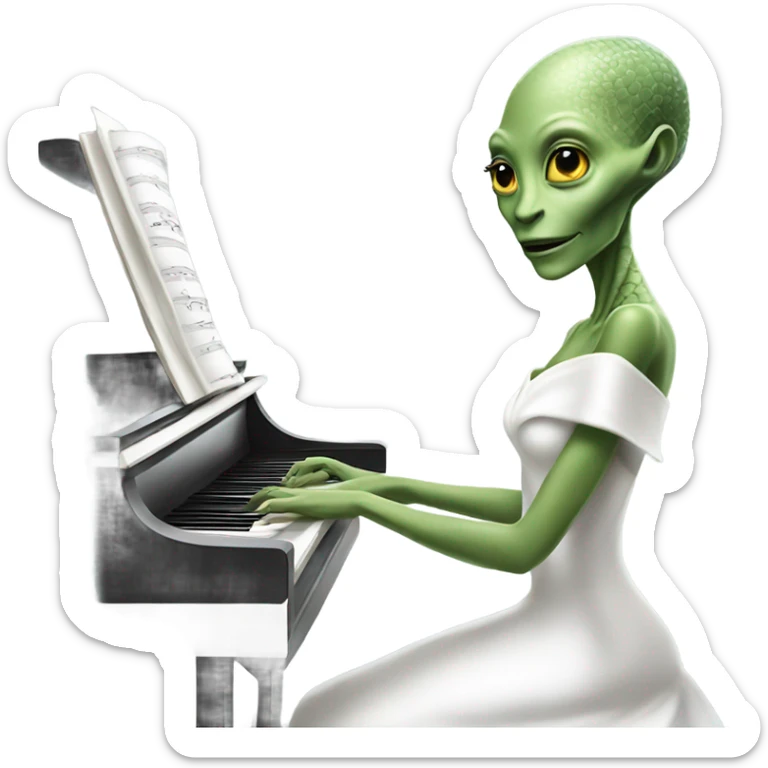 a Reptilian alien woman, play a piano, in white elegant dress sticker