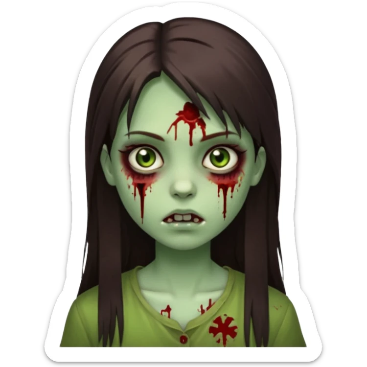 girl zombie with green pale skin with long dark brown straight hair with side bangs light brown eyes blood under eyes and brui sticker
