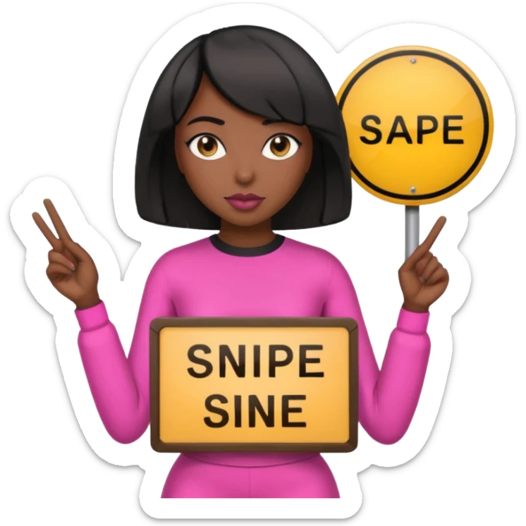 Dark skin woman with black bob in hair holding sign that says snipe  wearing pink outfit  sticker