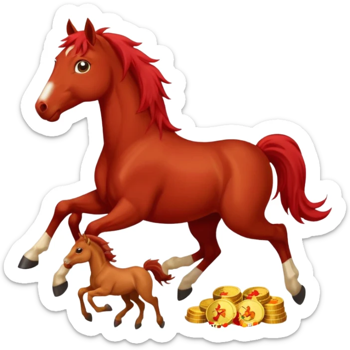 red horse and baby horse agressive running happiness money sticker