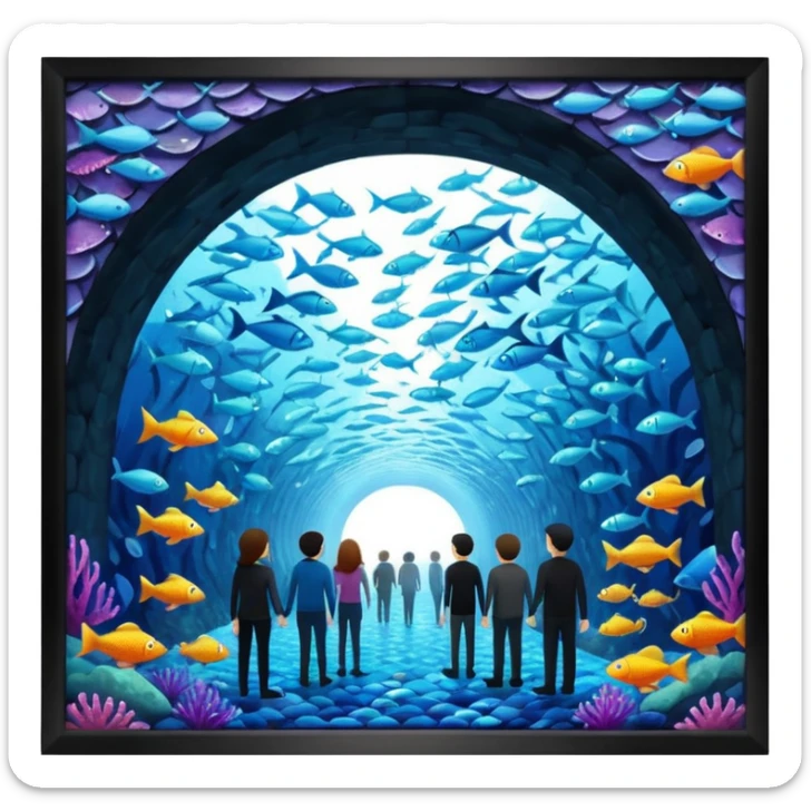 des gens qui sont dans un tunnele et les parois c'est des poissons  sticker