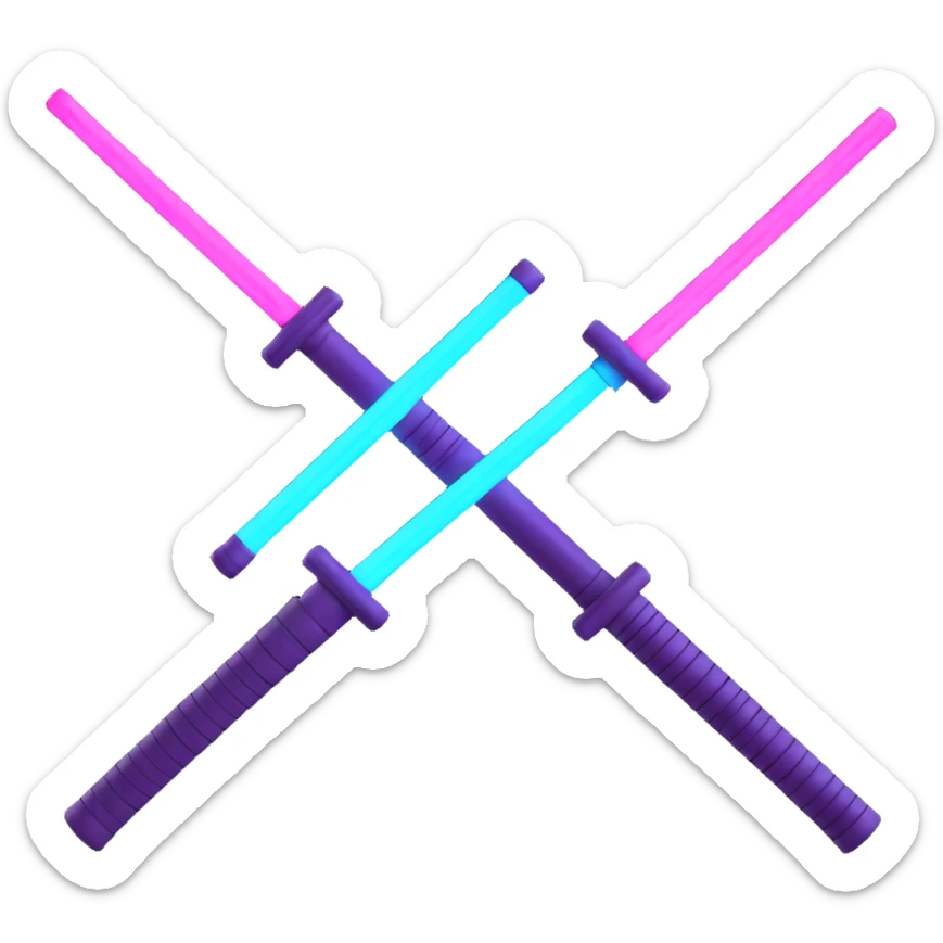 a pair of crossed lightsabers, one glowing pink purple and the other neon blue, vibrant and dynamic, realistic emoji style sticker