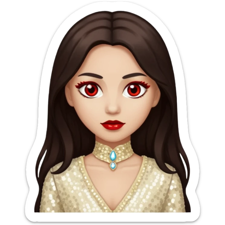 Bloody Mary with light skin, long dark brown hair, red eye, ivory sequin outfit sticker