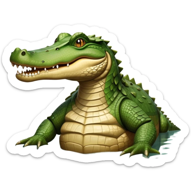 cinematic-crocodile-realistic-full-body-lounging-emoji,-massive-scaled-body-partially-submerged-in-shallow-water,-head-tilted-dramatically,-rough-green-and-brown-hide-textured-with-deep-ridges,-simplified-yet-realistic-focused-features, head held high sticker