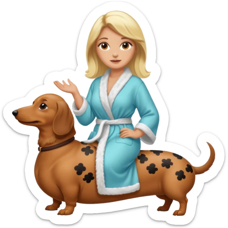 A blonde curvy woman riding on top of a dachshund wearing a robe sticker