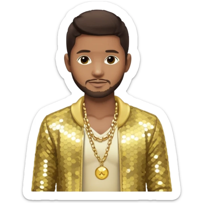 Usher with dark brown hair, pale yellow sequin jacket, shirtless with necklace  sticker