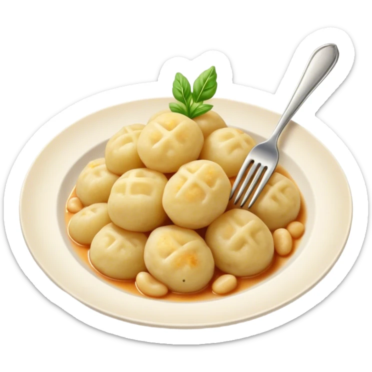 Gnocchi Cinematic Realistic Gnocchi Dish Emoji, depicted as tender potato dumplings garnished with iconic fork marks on top, rendered with soft textures and warm, inviting lighting. sticker