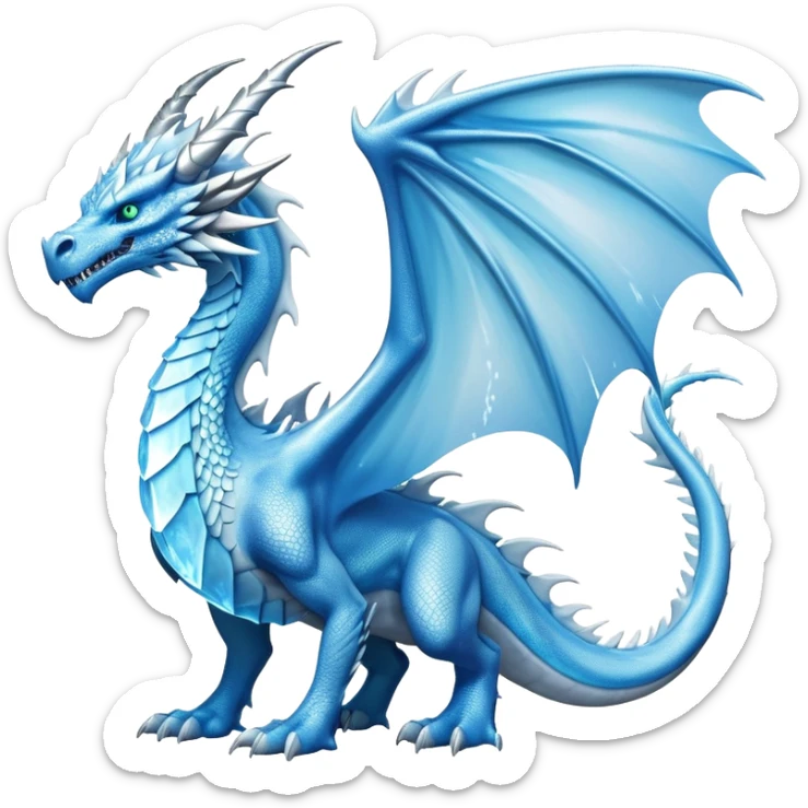 Cinematic Noble Fierce Ice Dragon full body Emoji, Poised and imposing, distinct long elegant snout, with a slender, scaled body shimmering in glacial hues of icy blue, frostbitten silver, and crystalline white, breathing out frost, with piercing, glowing eyes that radiate the chilling depths of an arctic storm; rendered in detail. displaying its wings sticker