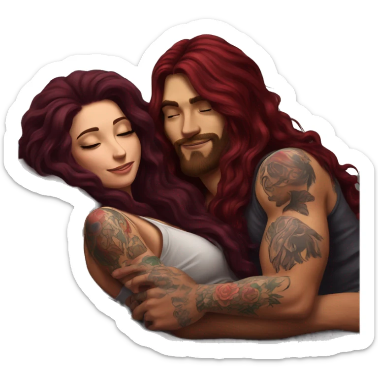 Beautiful tattooed burgundy long haired woman laying on the boyfriends chest sticker