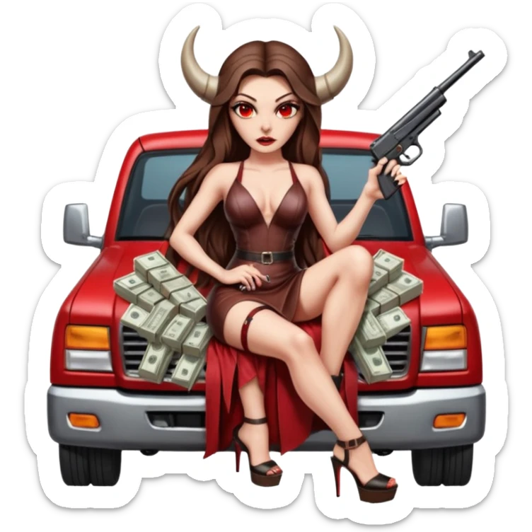 Lilith symbol red eye seductress evil long brown haired sexy succubus woman with leather long dress with slit on, sitting in Big Large F350 pickup truck. Platform long high heels on feet. Back seat full of stacks of cash, she is  Holding a man dead human skull of her enemies and a gun in other hand sticker