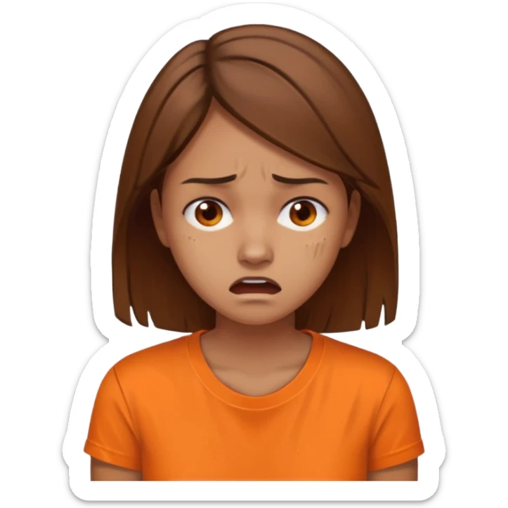 25 year old woman in orange shirt, she looks like she is in pain. She has brown hair sticker