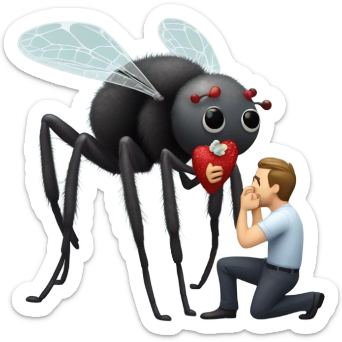A fly is kneeling on one knee with a wedding ring to propose to his girl friend, a big fuzzy spider that is ready to eat the fly, but in a loving way sticker