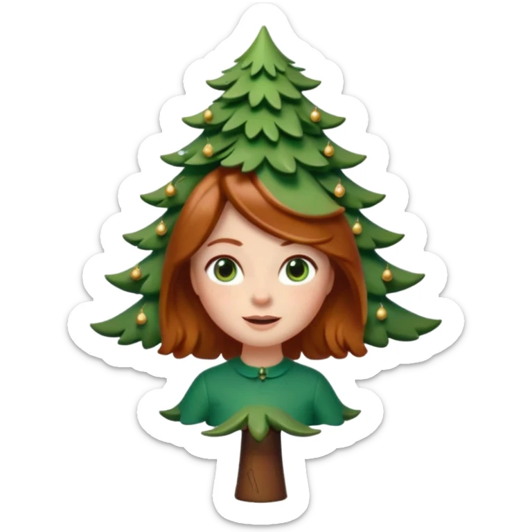 Style memoji iphone. Un petit sapin vert sylvestre, féminin, regard malicieux, tâches de rousseurs délicates, joues roses. Yeux de biche brillants en forme amande, yeux couleur ambre, tronc couleur acajou. Sapin en mouvement, incurvé pour un effet vivant. sticker
